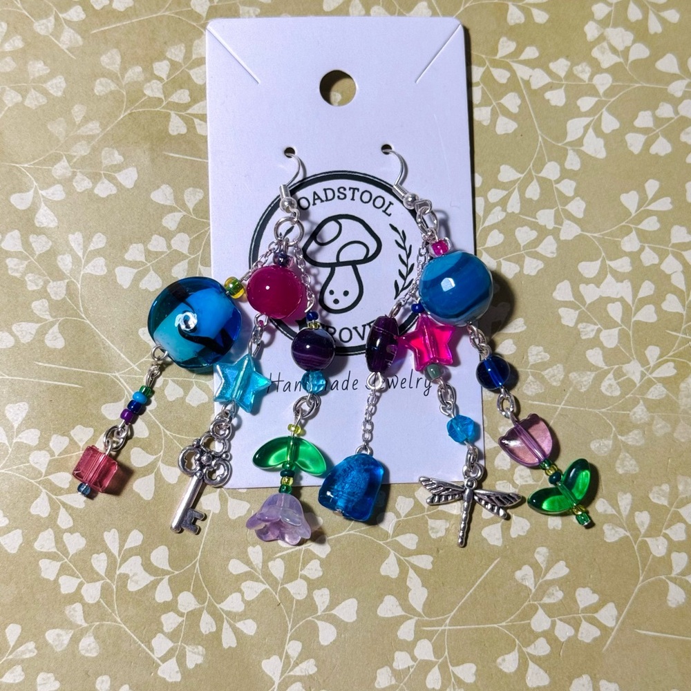 Colorful Beaded Mismatched "Junk" Earrings with Flowers and Silver Charms